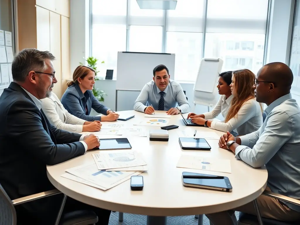 School administrators and consultants discussing educational strategies in a meeting.
