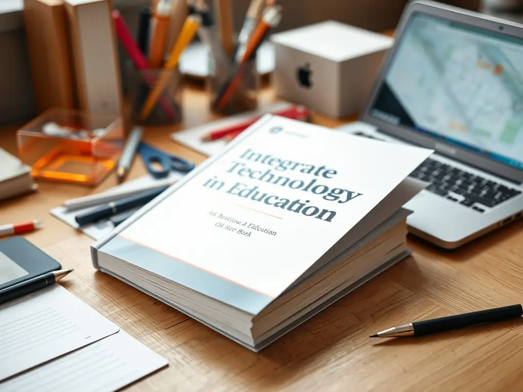 A guidebook titled 'Integrating Technology in Education' on a teacher's desk.