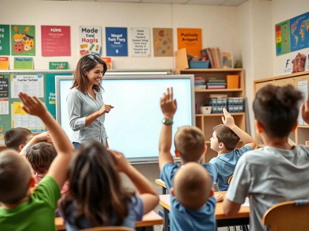 A teacher using a digital whiteboard in a classroom filled with students.