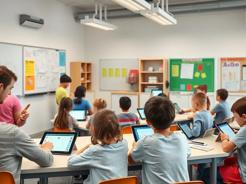 A classroom setting with students using digital whiteboards and tablets.