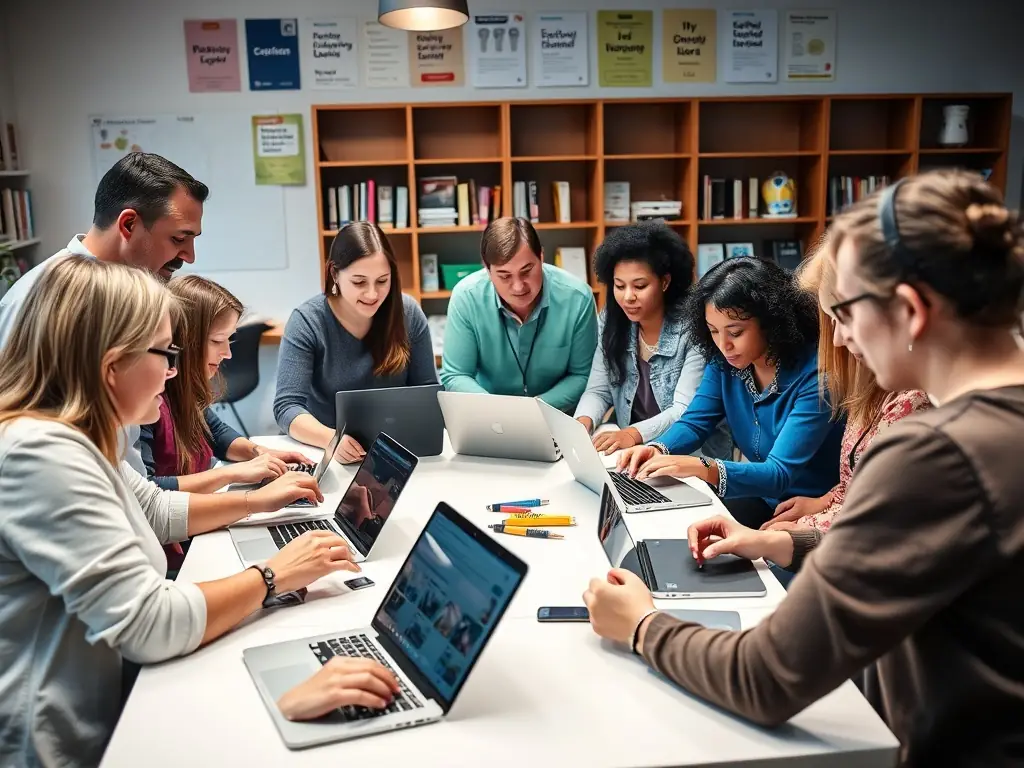 Educators participating in a hands-on workshop with laptops and tablets.